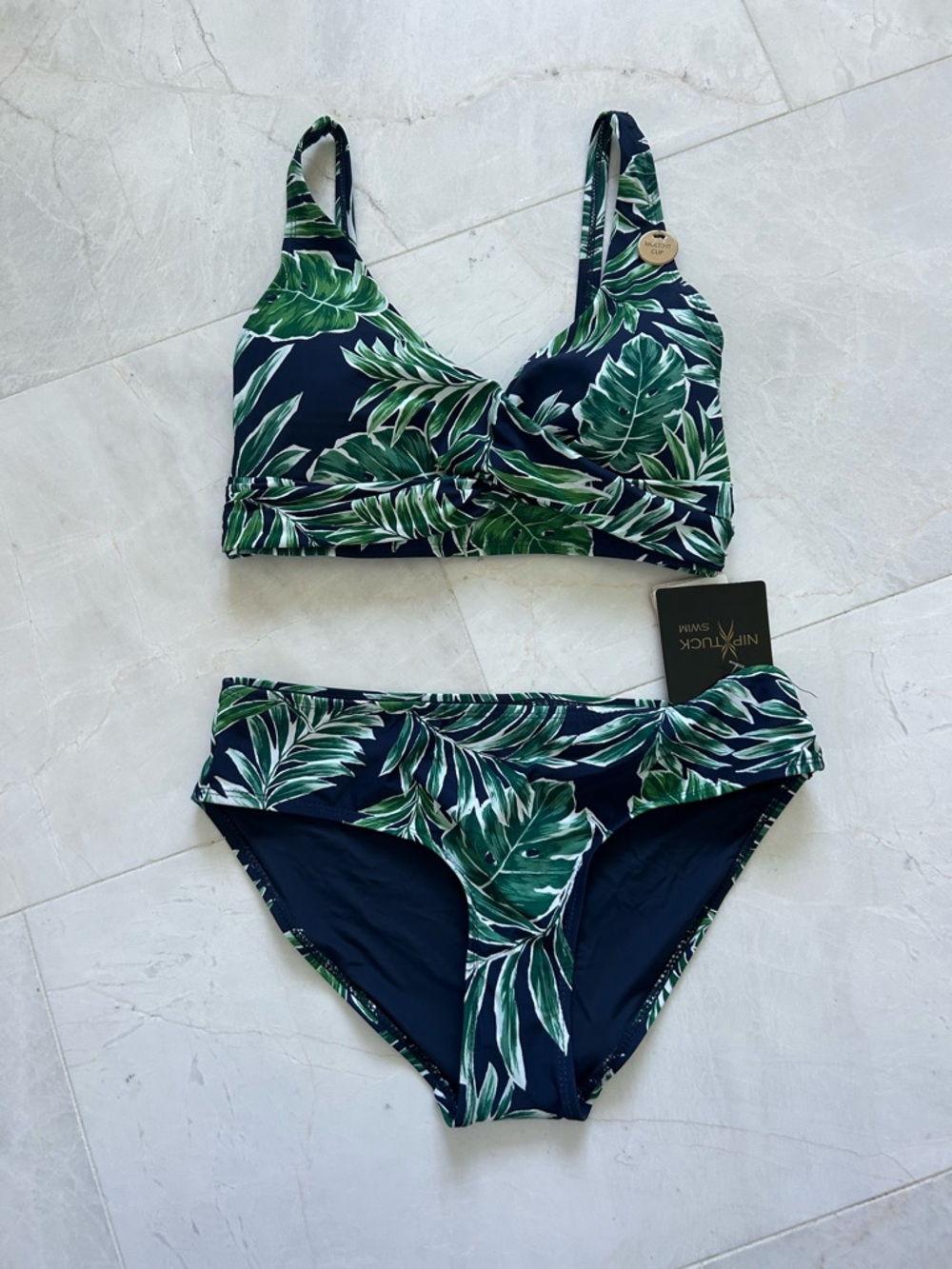 NipTuck Tropical Leaf Print Bikini Set in Navy and Green